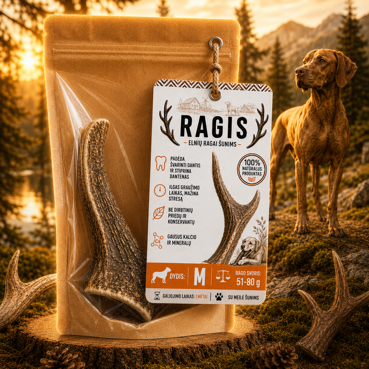 Natūralūs elnių ragai šunims M dydis (51–80 g)