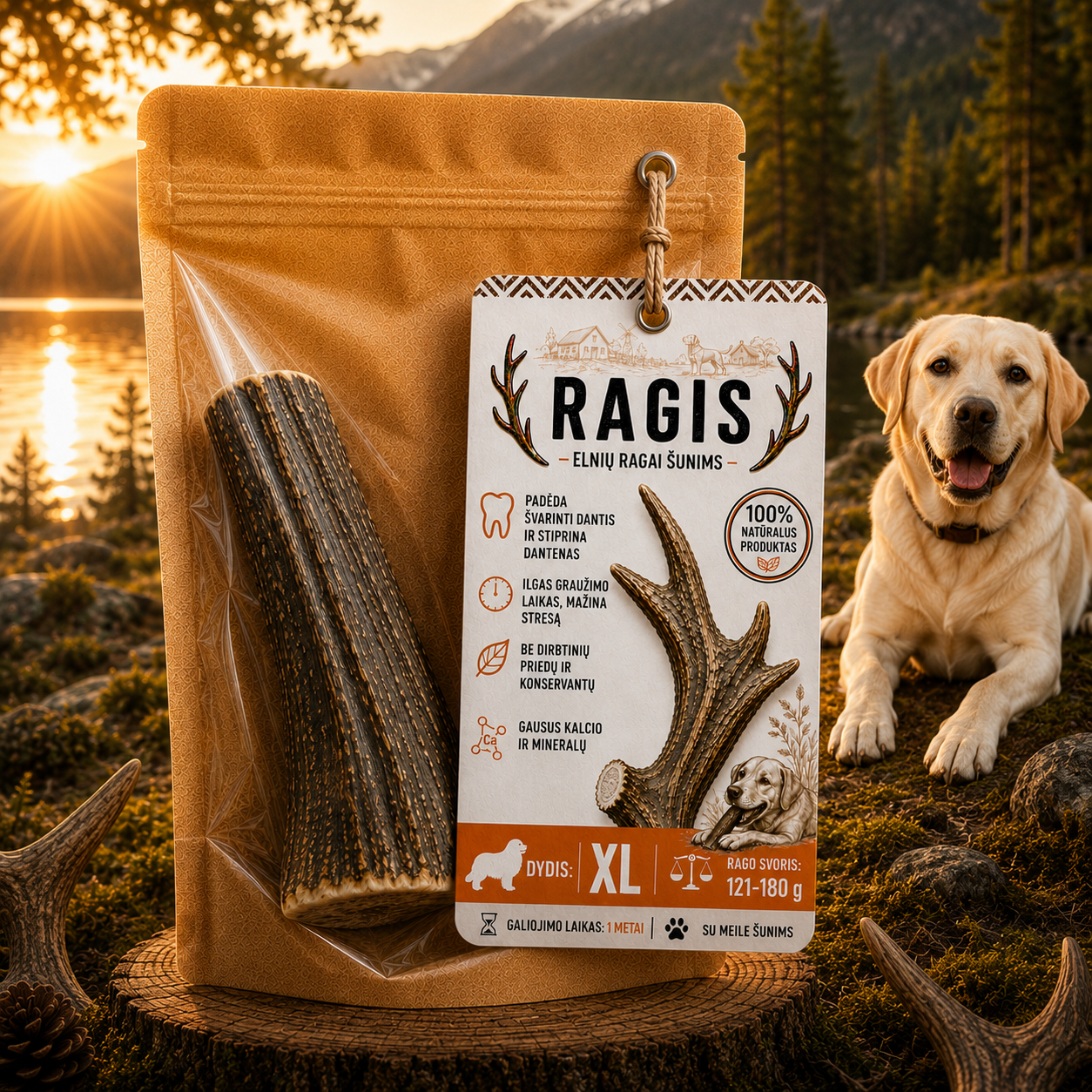 Natūralūs elnių ragai šunims XL dydžio (121 -180 g)